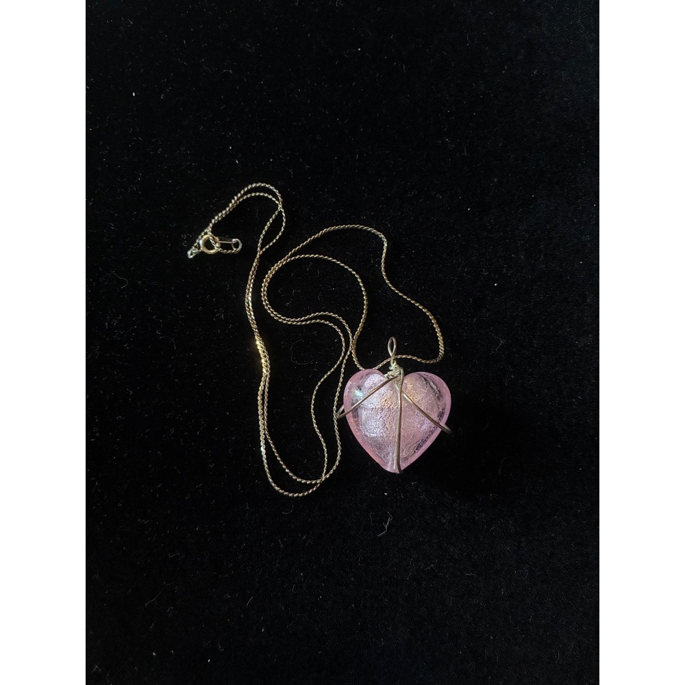 Vintage Korea Pink Glass Heart Pendant Necklace Gold Tone Wire Wrap Dainty EXCL